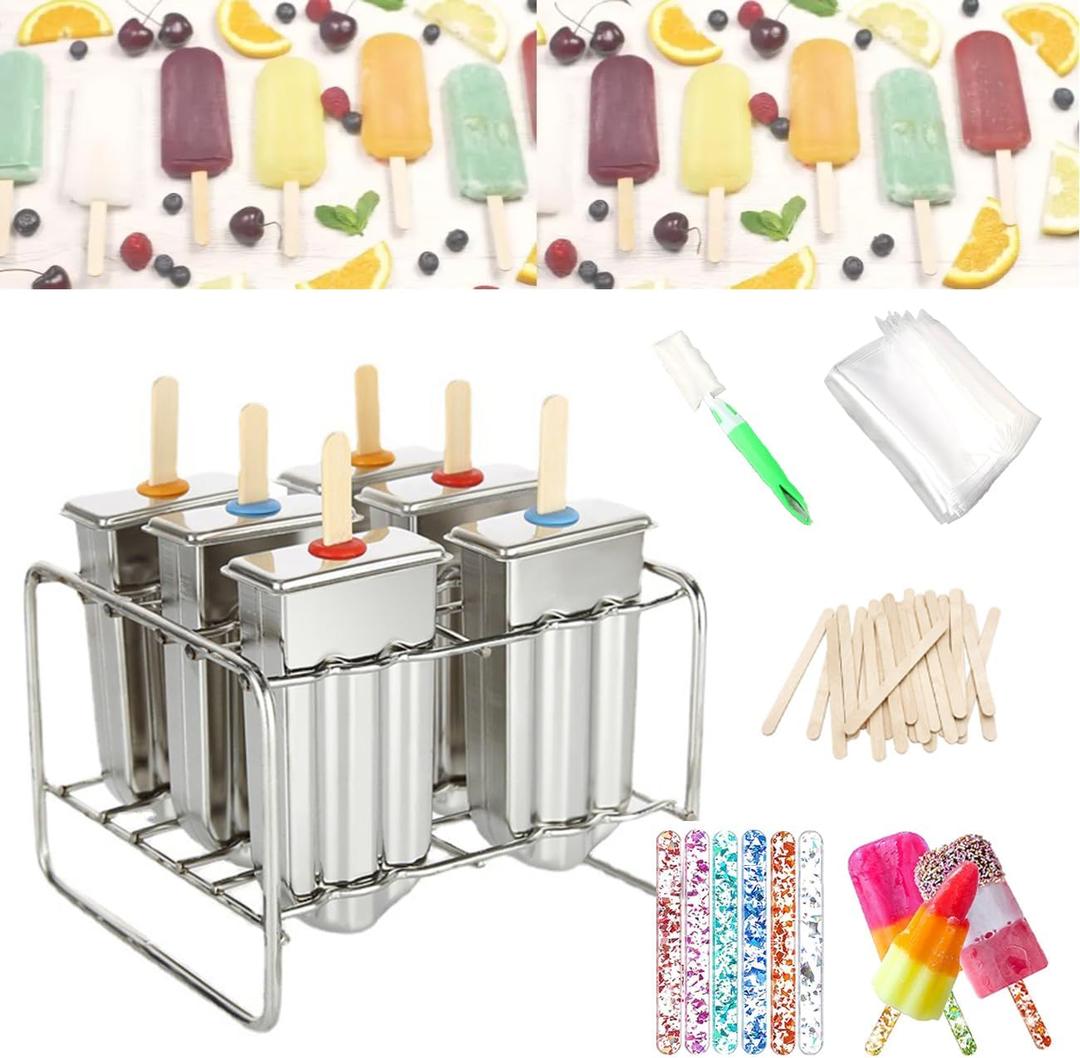 Set of 6 Stainless Steel Popsicle Molds Kit, Metal Popsicle Moulds,Homemade Ice Treat Makerwith 50 Wooden Sticks and 6 Silicone Seals and 20 Pop Bags,Cleaning Brushsemi-circular