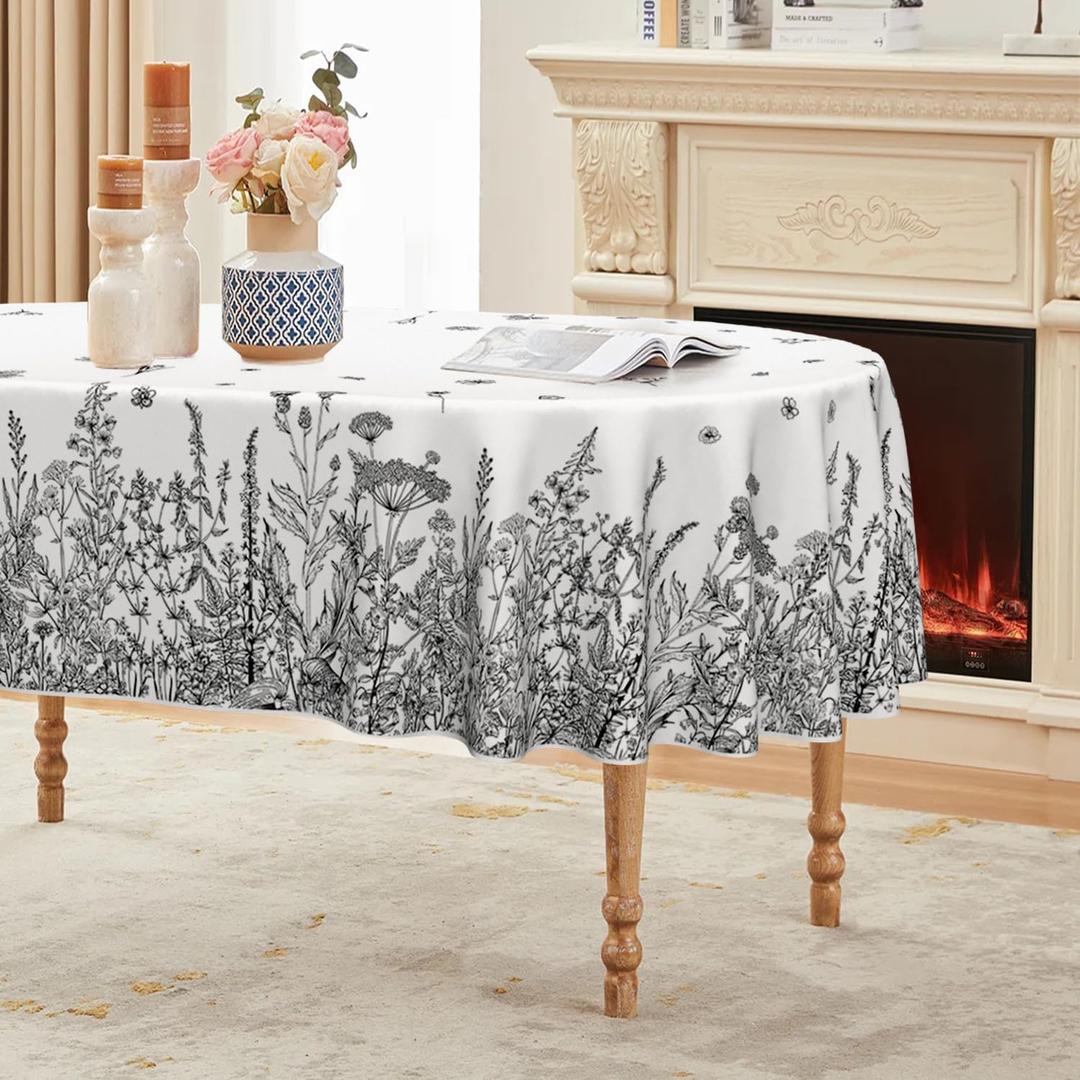 Horaldaily Spring Summer Tablecloth 6084 Inch Oval, Wild Flowers Floral Black Washable Seasonal Table Cover for Party Picnic Dinner Decor