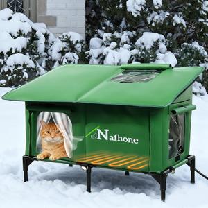 Heated Cat House for Outside Winter, Extra Large Size Insulated Weatherproof Outdoor Elevated Cat House, Cat Shelter with Heating Pad & Escape Door for Feral Stray Barn Cats Kitty (36.4"x17.3"x23.6") (Pine Green)