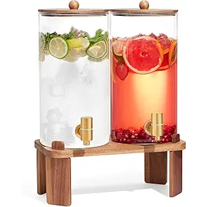2 PCS 1.5 Gallon Drink dispenser, Glass Beverage Dispenser With Wood Stand, Large Water Drink Dispensers for Parties With Stainless Steel Spigot, Ideal for Lemonade,Juice, Tea, and Party Drinks
