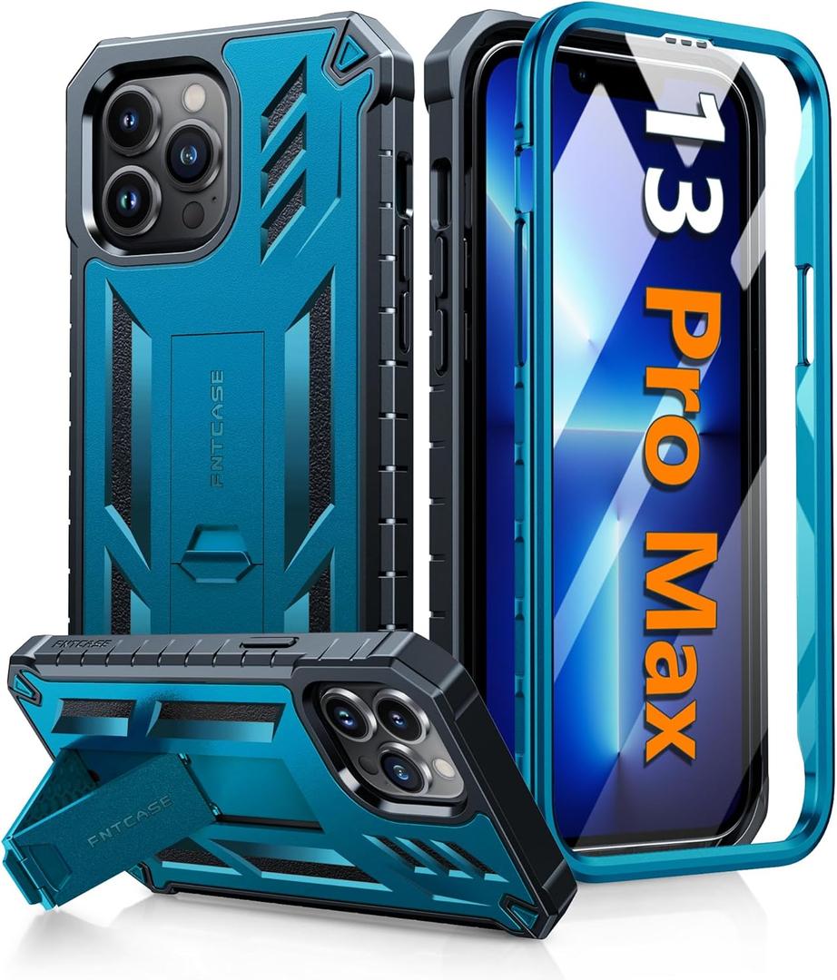 FNTCASE for iPhone 13 Pro Max Case: [Builtin Screen Protector & Kickstand] [Military Grade Drop Protection] Heavy Duty Full Protective Matte Textured Shockproof TPU Rugged Phone, Cover Blue
