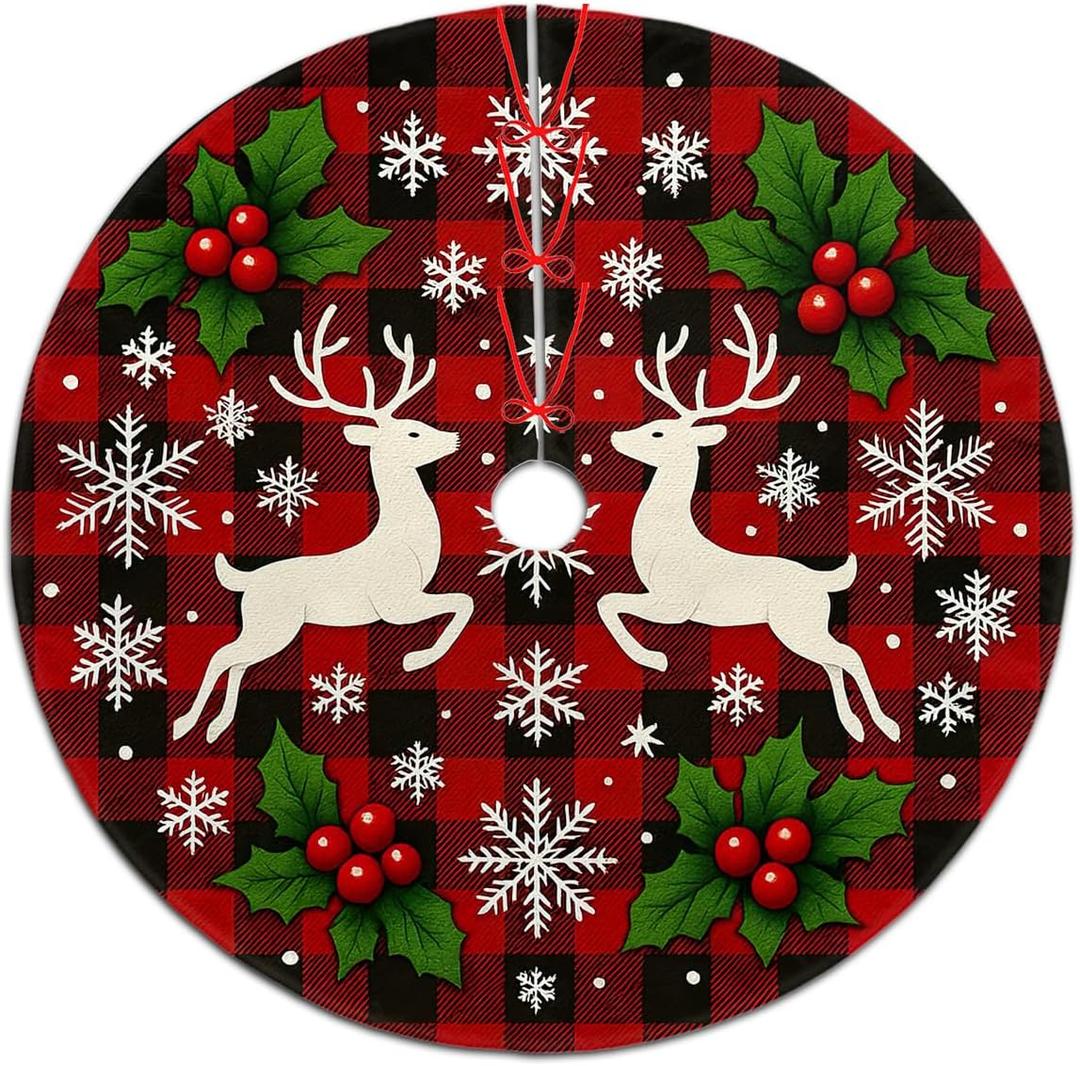 Christmas Tree Skirt 30 inch, Xmas Buffalo Plaid Reindeer Snowflake Holly Christmas Tree Skirt, Xmas Tree Skirt Ornaments for Christmas Tree, Holiday Decor Party Christmas Decorations