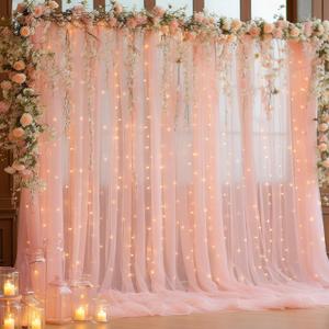 10x10ft Peach Tulle Backdrop Curtain with Lights String for Parties, Sheer Photo Backdrop Curtains for Wedding Baby Shower Birthday Party Photo Shoot Background Decorations