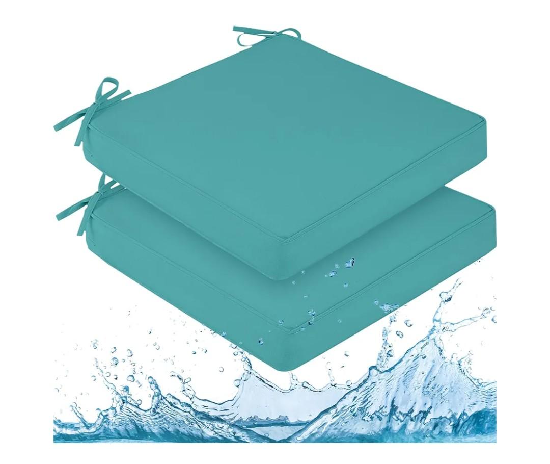 downluxe Waterproof Outdoor Chair Cushions for Patio Furniture, 19" x 19" x 2" Patio Chair Cushion with Adjustable Ties & Portable Handle, Square Outdoor Cushion with Removable Cover, Teal, 2 Pack