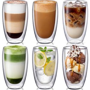 6 Pack 16oz Double Walled Glass Coffee Mugs, 450ml Large Borosilicate Insulated Clear Glass Cups for Latte Cappuccino Espresso Tea Matcha Hot or Cold Drinks