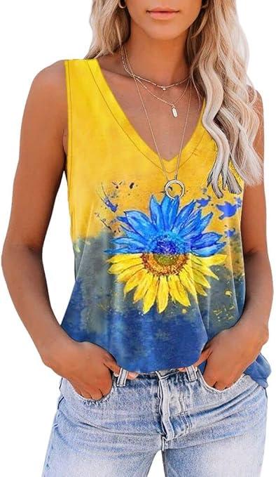ETCYY NEW Womens Summer Tops V Neck Tank Tops Tie Dye Sleeveless Basic T Shirt Cute Printed Loose Fit, Medium
