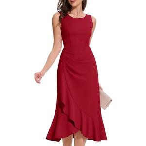 Aupuls Long Ruffel Wedding Guest Dresses for Women Elegant Sleeveless Ruched Waist Formal Dress (Large, Red)