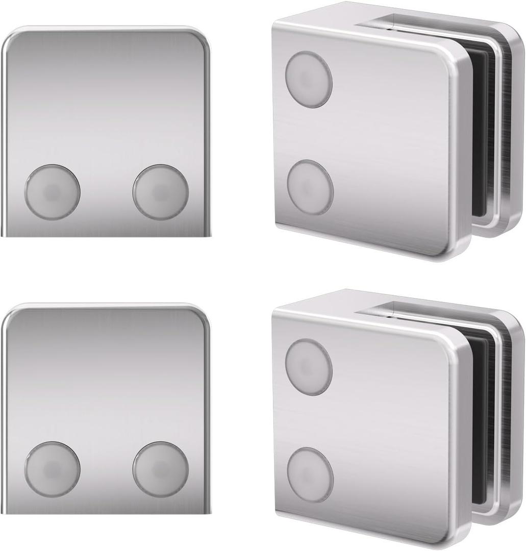 Glass Clamp - Stainless Steel 304, Weight 0.5lbs, Flat Back Square 1/4 "-3/8" (6mm-10mm) Tempered Glass Clip Holder Polished for Balustrade Handrail (AISI 304-Brushed, 4 Pack)