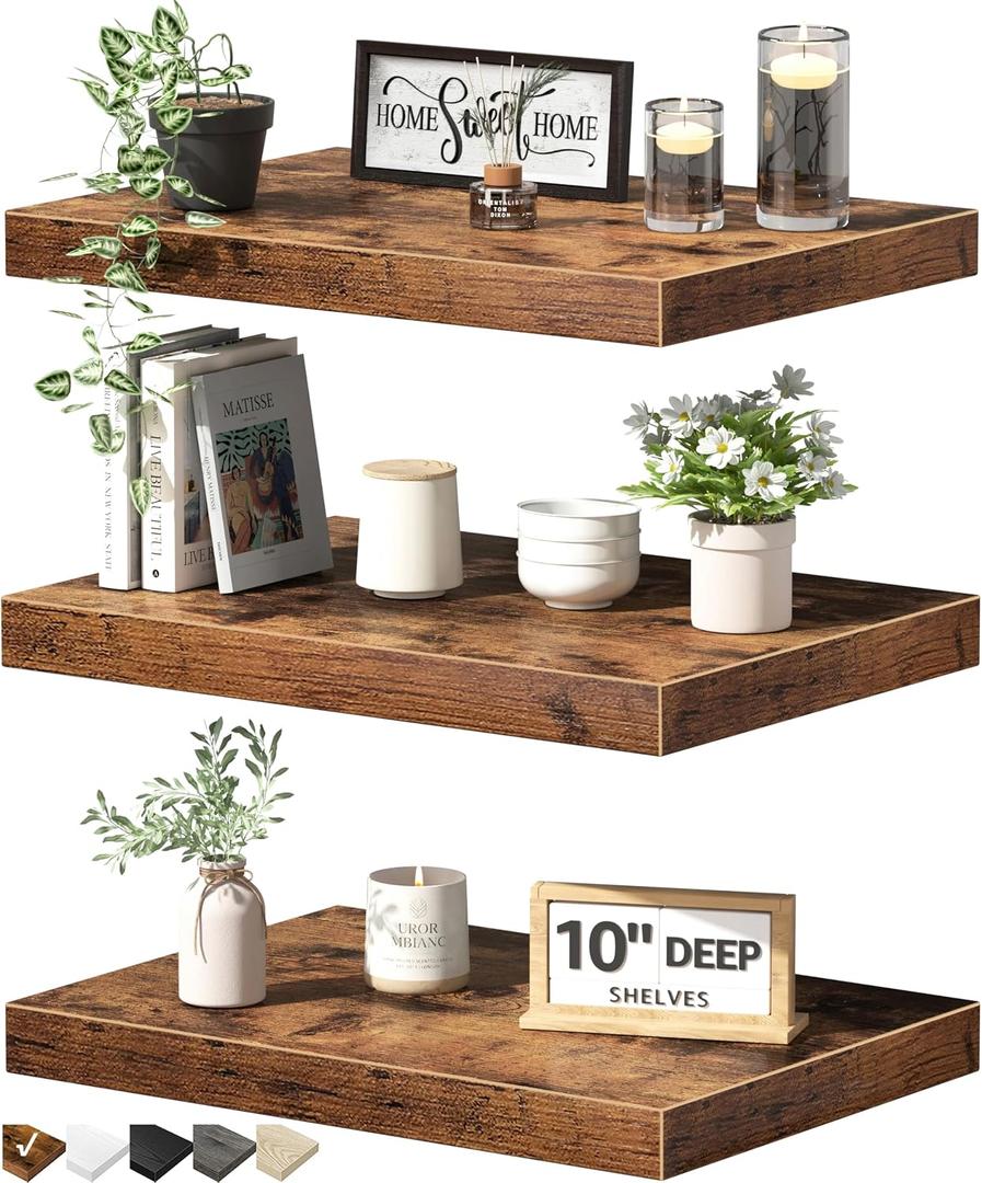 QEEIG 10" Deep Floating Shelves for Wall - 10 x 16 inch Book Shelf Bathroom Bedroom Kitchen Living Room Hanging Bookshelf Farmhouse Set of 3, Rustic Brown (025-40BN3), 10"D x 15.7"W