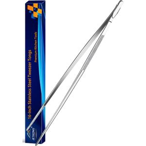 JETKONG 16-Inch Kitchen Tweezers Fine Tweezer Tongs Extra-Long Stainless Steel Cooking Tweezers (Point-Tips)