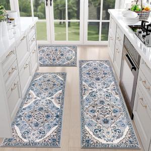 HEBE Farmhouse Kitchen Rugs Sets of 3 Non Slip Washable Boho Kitchen Rugs and Mats for Floor Kitchen Runner Rug Floor Carpet for Kitchen, Laundry, Hallways (20"x32"+20"x48"+20"x59", Blue)