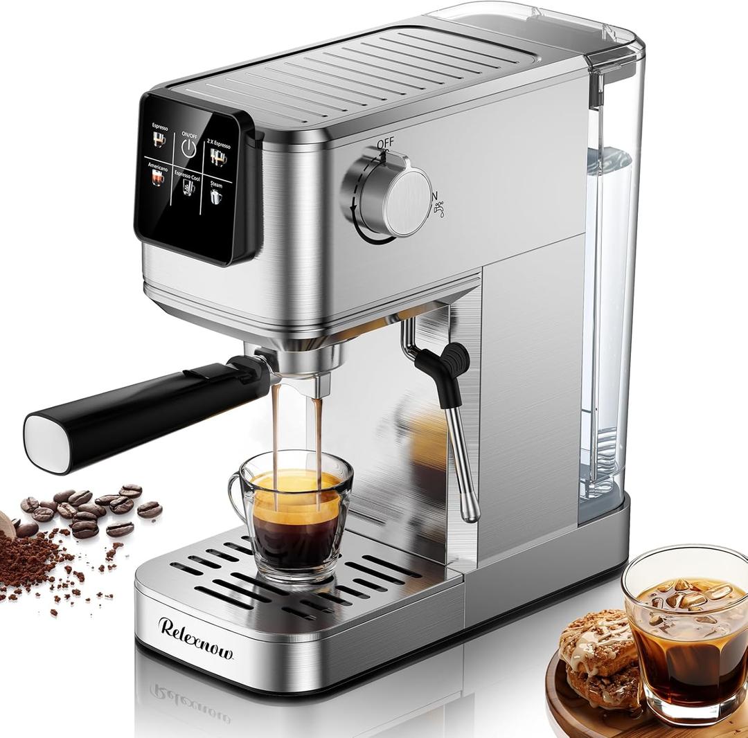 RELEXNOW Espresso Machine, 20 Bar Espresso Maker Milk Frother & LCD Panel, Hot & Iced with Rapid Cold Brew, Stainless Steel Espresso Coffee Machine with 41oz Water Tank for Cappuccino, Latte (Sliver)