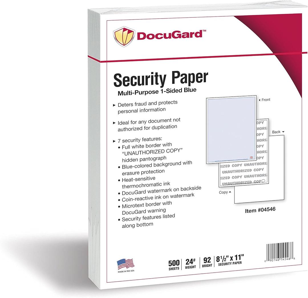 DocuGard Advanced Blue Multi-Purpose Security Paper - Fraud Prevention - 7 Security Features - Laser & Inkjet Printer Compatible - 8.5" x 11 - 24 lb - 500 Sheets (04546)