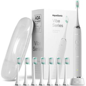 Aquasonic Vibe Series Ultra-Whitening Toothbrush ADA Accepted Electric Toothbrush -  4Brush Heads & Travel Case 40,000 VPM Motor & Wireless Charging - 4 Modes w Smart Timer Optic White