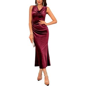 GRACE KARIN Womens Cowl Neck Long Formal Dresses Fall Velvet Sleeveless Maxi Bodycon Dress Ruched Mermaid Cocktail Dress (18, Wine Red)