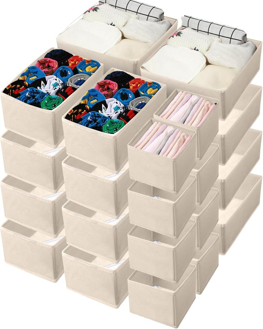 24 Set Clothes Dresser Drawer Organizers Dividers, Nursery Organization Bin Fabric Foldable Closet Clothing Wardrobe Storage Box Container Basket for Bras Socks Underwear Bedroom, (Beige)