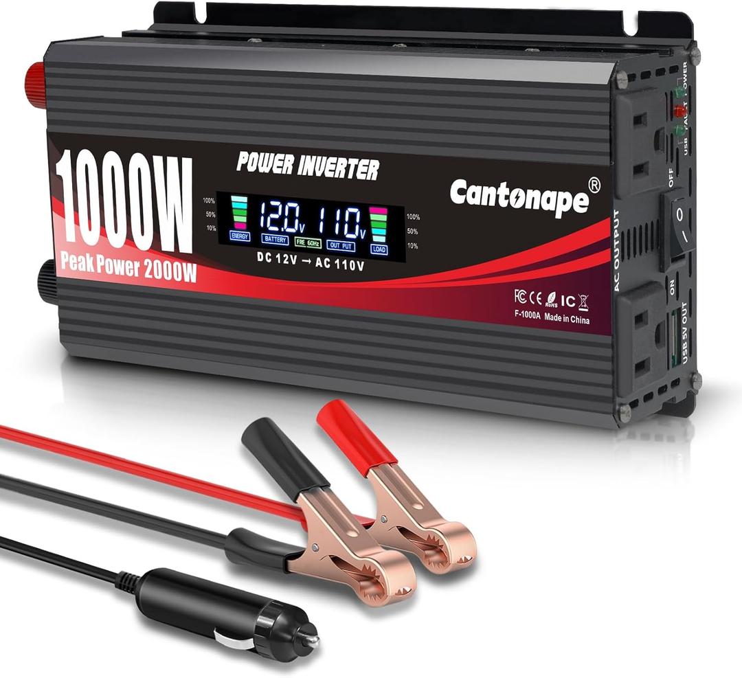 1000 Watt Car Power Inverter DC 12V to 110V/120V AC Converter with LCD Display Dual AC Outlets and Dual USB Car Charger for Car Home Laptop Truck Black
