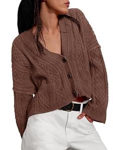 Yousify Womens Cable Knit Cardigans Fall Oversized Long Sleeve Button Open Front Casual Sweater Coats Brown