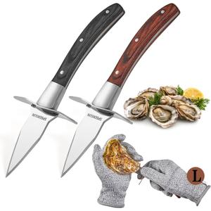 Oyster Shucking Knife,Oyster Shucker,2 Set Sturdy Sharpness Oyster Knife With Comfort Wood-handle,Oyster Shucking Kit With 1 Pairs Of Level 5 Protection Cut-resistant Gloves(L) For Oyster Clam