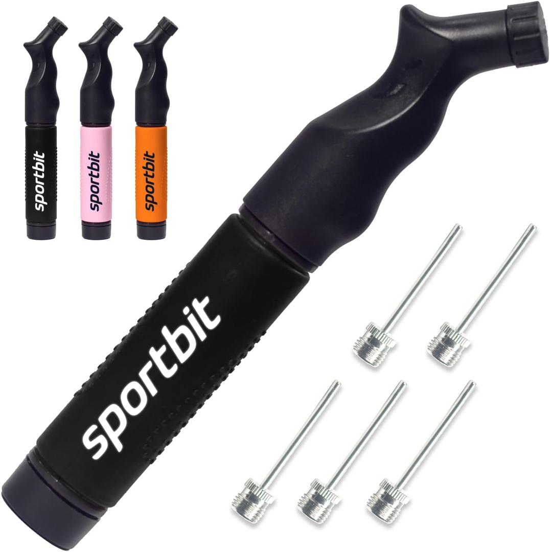 SPORTBIT Ball Pump for Sports Balls - Push & Pull Inflating System - Hand Pump for All Exercise Balls - Volleyball Pump, Basketball Inflator, Football & Soccer Ball Air Pump - Goes with 5 Needles Set (Black)