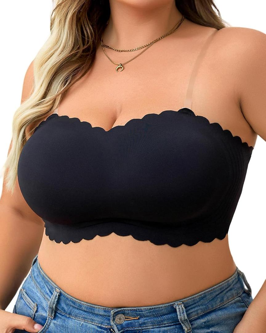 Strapless Wireless Bra for Women Scalloped Full Coverage Bandeau Comfortable Everyday Non-Wired Bra for Large Busts (Black, XXL)