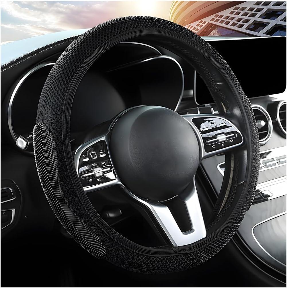 Elastic Stretch Car Steering Wheel Cover, Breathable No Inner Ring Vehicle Steering Wheel Protector, 15 Inch Ice Silk Anti Slip Automotive Accessories, Universal Fit (Black)