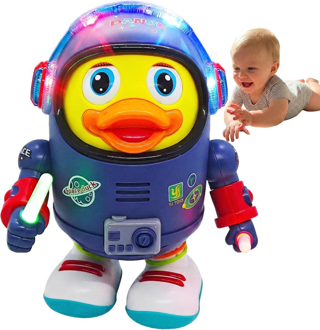 Musical Dancing Space Duck Toy, Walking Duck Robot with Lights & Sounds, Crawling Interaction & Tummy Time Toy for Babies Ages 1-3, Toddlers Birthday Gift (Blue)