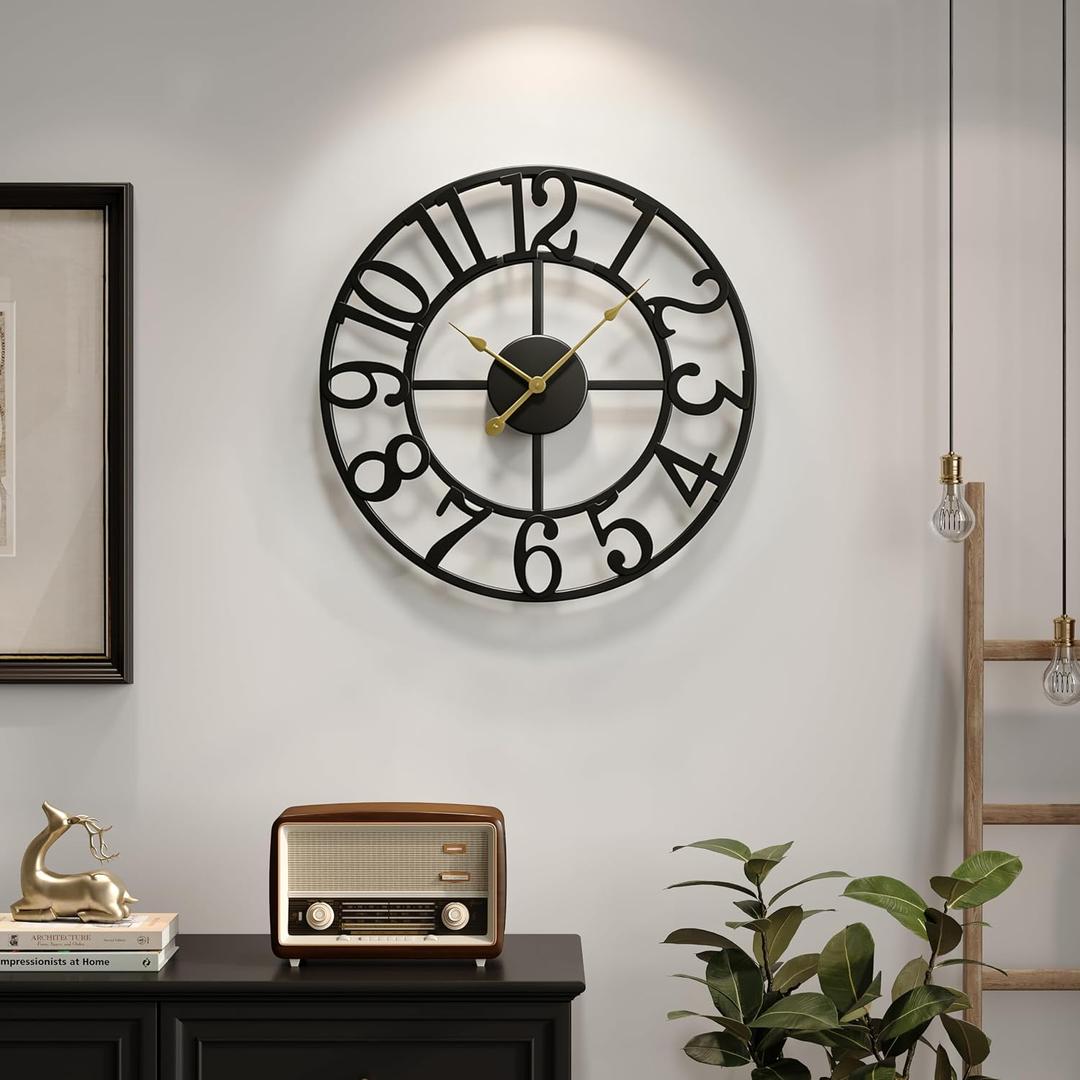 Cuspin 16 Inch Large Wall Clock, Modern Black Metal Clock for Lving Room Decor, Battery Operated Wall Clocks Round Silent Non Ticking Arabic Numerals for Bedroom, Kitchen, Dining Room, Office