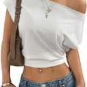 WDIRARA Women's Cap Sleeve Off Shoulder T Shirts Cinched Waist Crop Tops (White, L)
