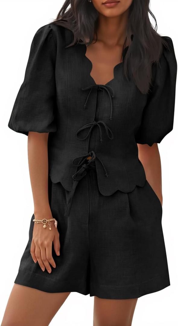 Cicy Bell Womens Summer 2 Piece Short Sets Puff Short Sleeve V Neck Bow Tie Front Tops Wide Leg Shorts Pajamas Matching Sets (Large, Black)