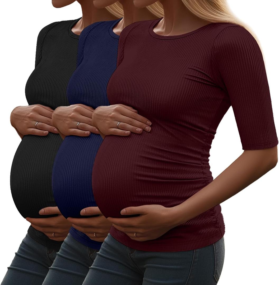 Riyiper 3 Pack Women's Maternity Cotton T Shirt Ribbed Half Sleeve Tunic Round Neck Side Ruched Tops Casual Pregnancy Clothes (S)