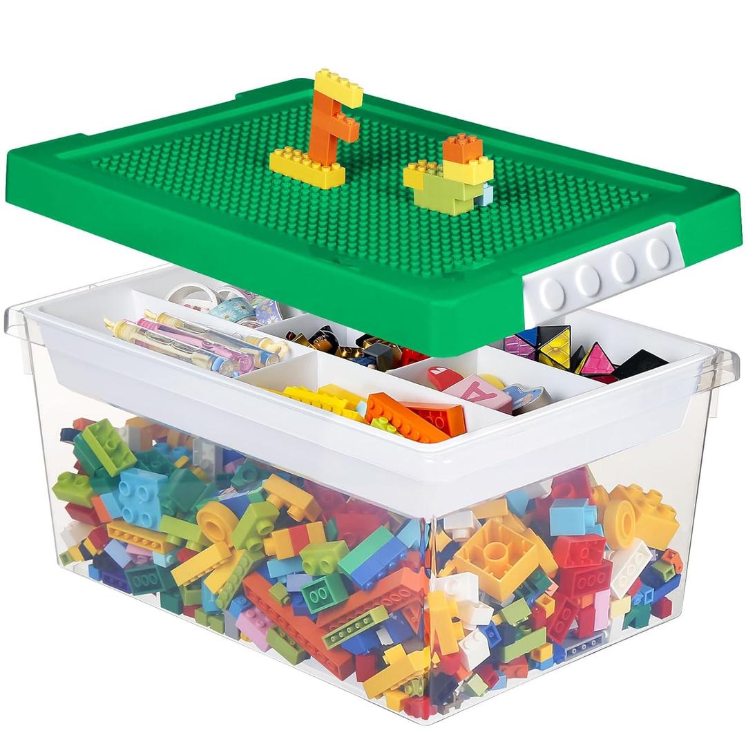 loobuu Plastic Storage Bins with Lids  1 Set Stackable Arts Crafts Organizer Box with Removable Divided Tray &Compatible Building Baseplate,Toy Chest Containers for Bricks  (14.37"x9.64"x6.69")