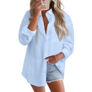 Astylish Women 2026 Loose Fit Tops Cotton Linen Button Down Shirts Collared Roll Up Long Sleeve V Neck Blouses (Medium, Sky Blue)