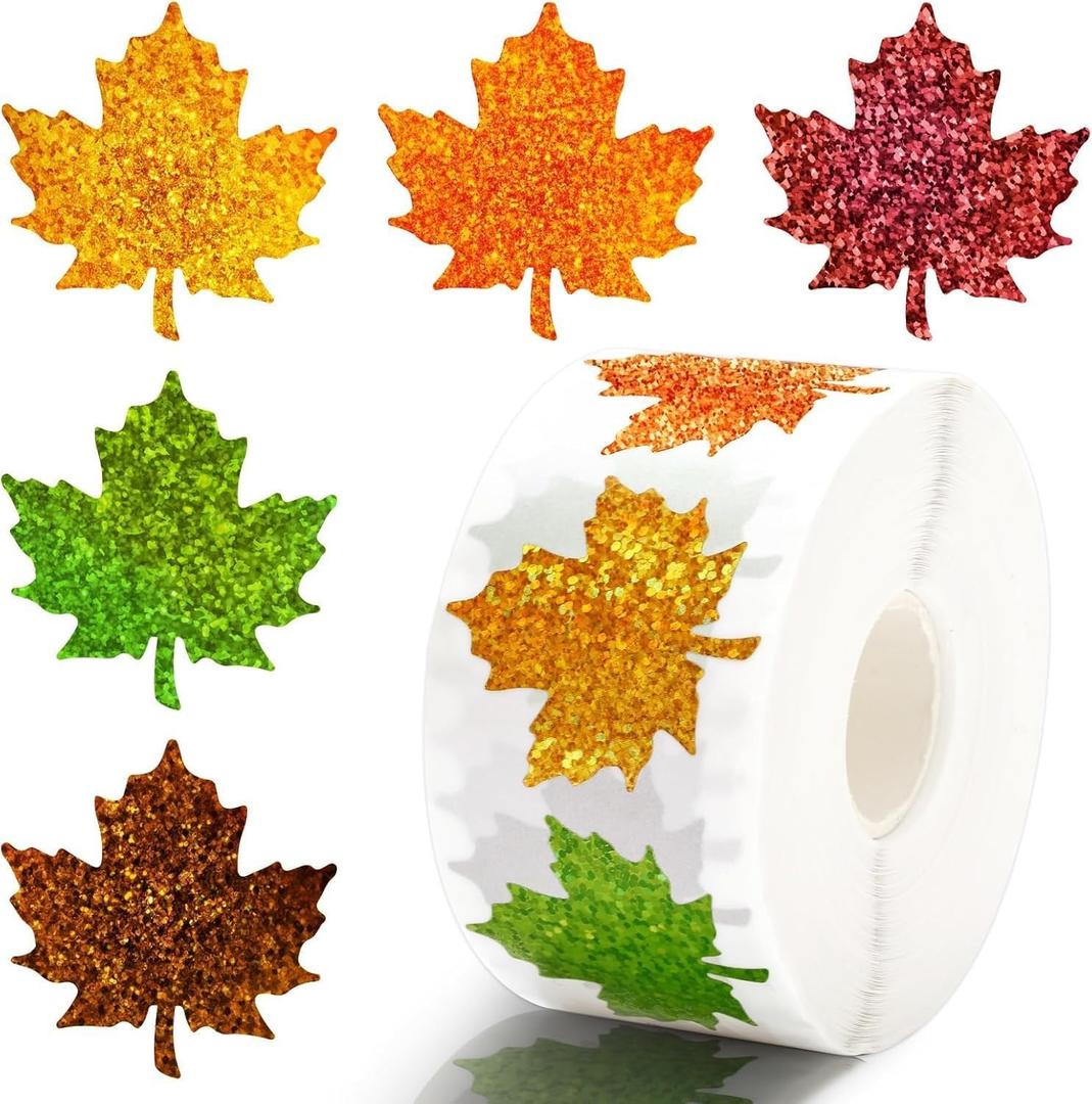 500Pcs Fall Maple Leaf Stickers,5 Colors Maple Leaf Decals Holographic Self Adhesive Label Stickers Roll for Autumn Thanksgiving Party Cards Seal Envelopes Supplies