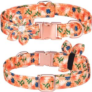 Rhinestone Dog Collar With Detachable Flower - Floral Pattern for Female Puppies, Small, Medium, Large (Orange Flowers, M)