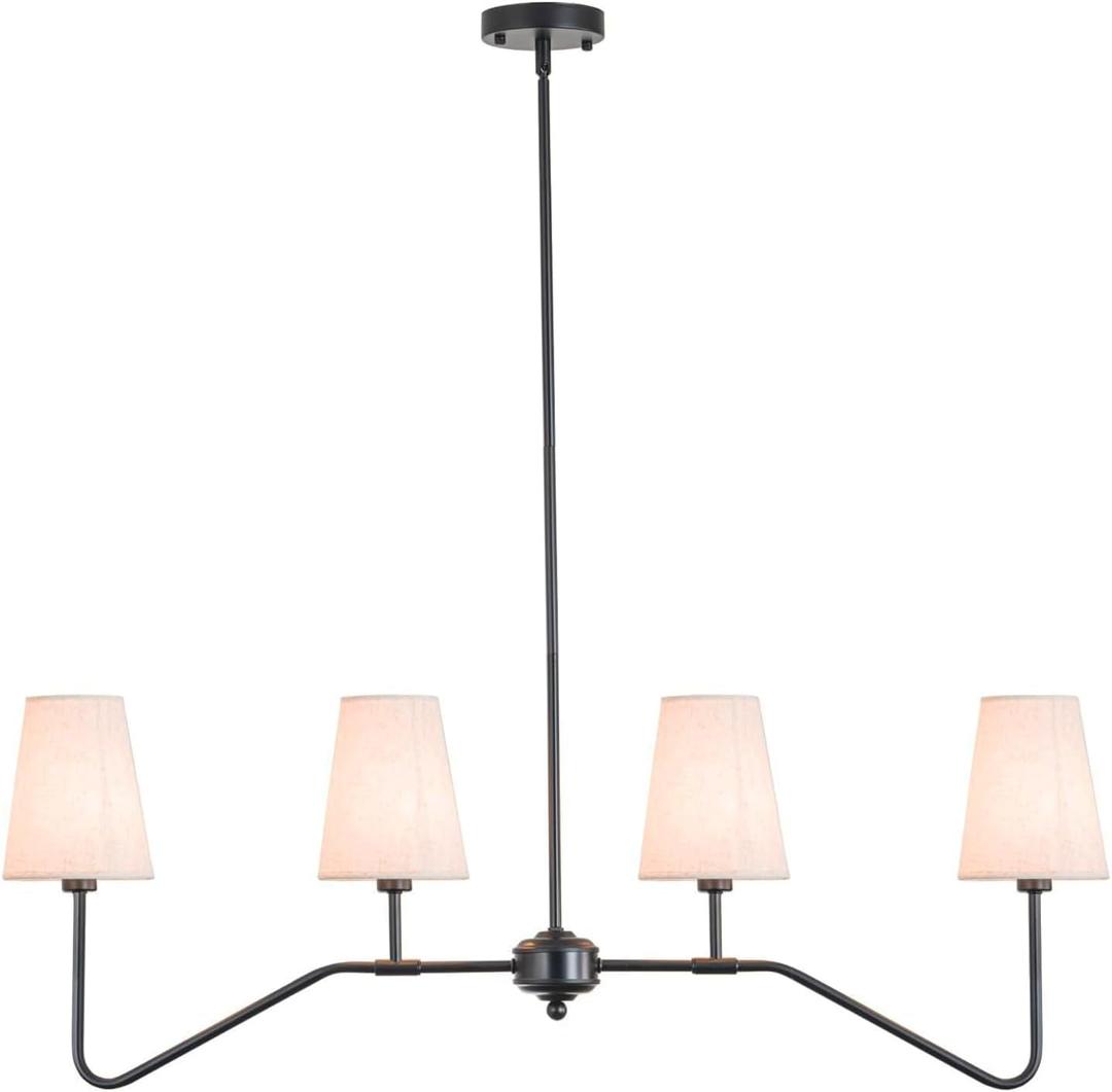 4-Light Kitchen Island Lighting, Modern Linear Chandeliers for Dining Room Light Fixture Over Table Classic Matte Black Pendant Light with Linen Shades 41W for Kitchen Island Living Room