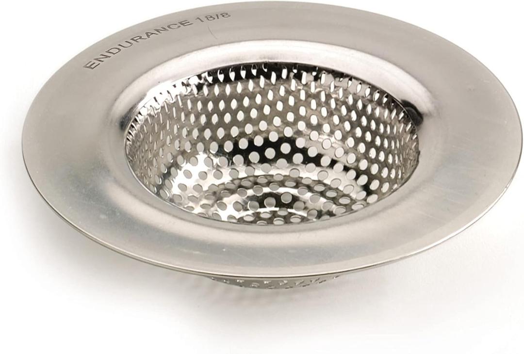 RSVP International Endurance Stainless Steel Large Sink Strainer, 4.5" | Traps Food Scraps | Polished Finish with Precision Pierced Holes | Dishwasher Safe