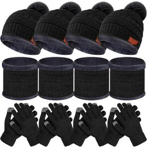JaGely 12 Pieces Kids Winter Hat Glove Scarf Sets Thick Fleece Knitted Beanie Touchscreen Warmer Gaiter for Boys and Girls (Black)
