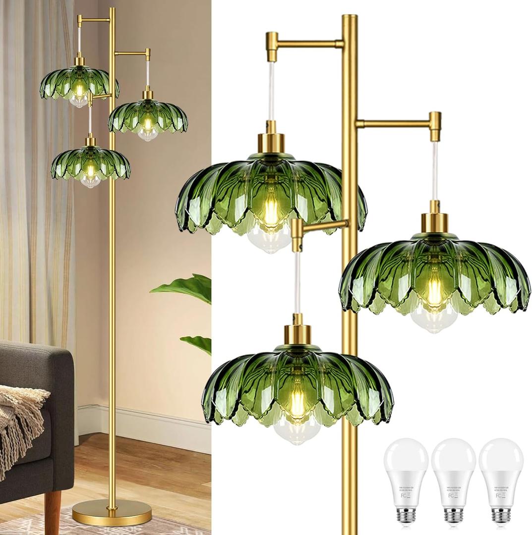 ZECOXOL Gold Floor Lamps for Living Room Bedroom-3 Light Glass Floor Lamp with Three Led Bulb,Mid Century Standing Lamp Vintage Brass Tall Lamp Tree Floor Lamp for Bedroom Corner (5.85inch, gold-green-Dragonfly)