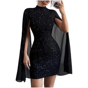 SOLY HUX Women's Sparkly Glitter Bodycon Mini Dress Sequin Long Bell Sleeve Mock Neck Prom Cocktail Party Dresses M