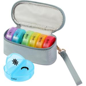 Weekly Pill Organizer 2 Times a Day, Travel Pill Box 7 Day with Large Opening, Pill Case with Handle, Pill Dispenser Medicine Organizer for Vitamins, Fish Oils, Medications, Supplements (Grey, Small)