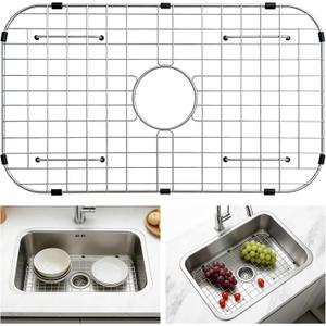 GUUKIN Sink Protectors for Kitchen Sink Bottom, 26" x 14"Stainless Steel Sink Protector with Center Drain Hole, Sink Rack with Extra Replacement White Rubber Feet