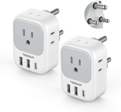 South Africa Plug Adapter Pack of 2, TESSAN Type M Power Adapter with 4 AC Outlets 3 USB Ports(1 USB C), Travel Adaptor US to Botswana Namibia Nepal Bhutan