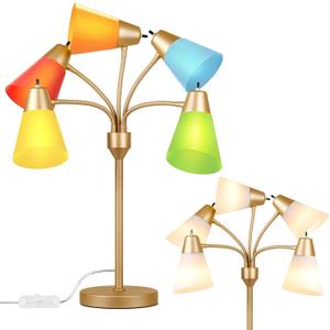 Medusa LED Table Lamp for Bedroom, Multi Head 5 Shade Modern Bedside Lamps, Arm-Adjustable Lamp for Night Stands, Desk Lamp with Fun Light Multicolored Shades for Livingroom, Kids Room, Office, Brass