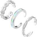 FIASASO 3Pcs 925 Sterling Silver Toe Rings for Women Adjustable 14K White Gold Plated Flower Twist Opal Band Rings Summer Beach Open Toe Rings Foot Jewelry Set