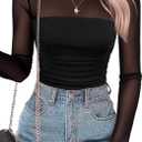 SAUNGKUAI Women's Mesh Long Sleeve Bodysuit Mock Neck Ruched Sheer Thong Body Suits Fall Outfits (Black) Small