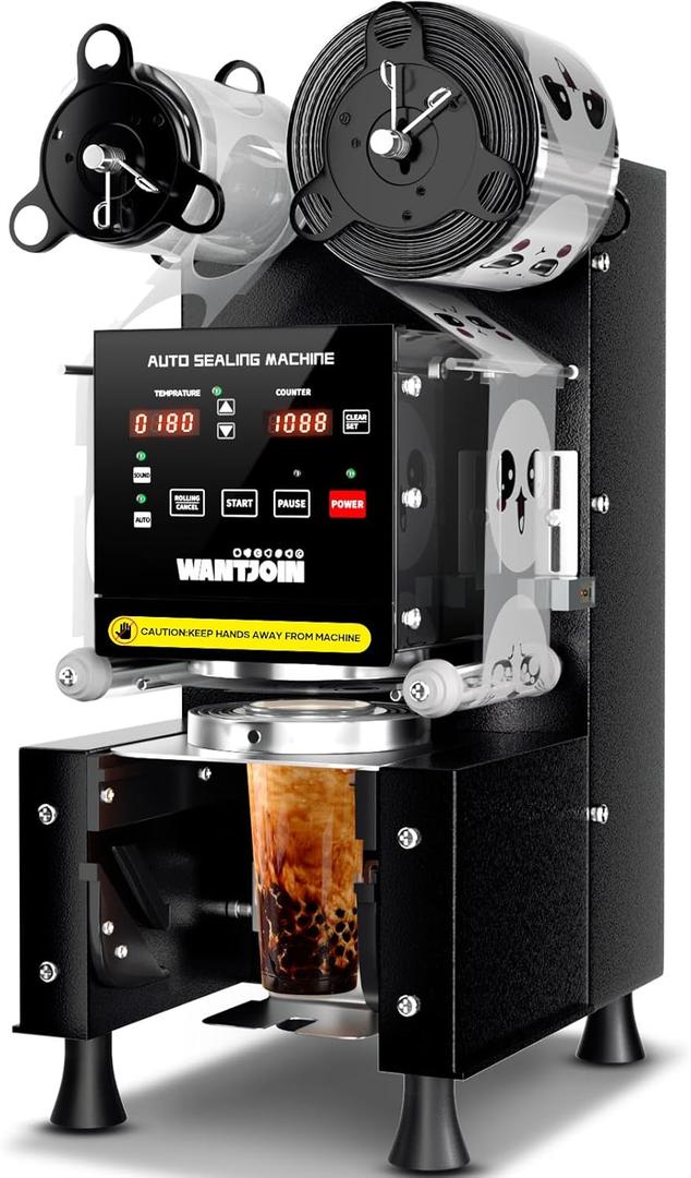 WantJoin Cup Sealing Machine Full Automatic Cup Sealer Machine 90/95mm Electric Cup Sealing Machine 500-600 Cups/H Digital Control LCD Panel Cup Sealer for Bubble Milk Tea Coffee Black (9.84"L x 15.4"W x 20.8"H)