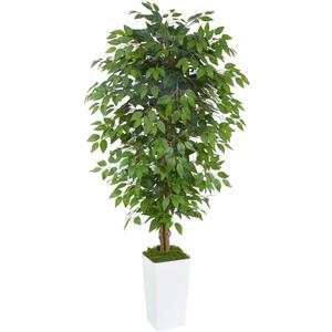 Artificial Ficus Tree 6FT Faux Floor Tree with Planter UV Resistant Potted Fake Silk Plant, Real Wood Trunk-Indoor Outdoor Lifelike Fake Ficus Tree for Home, Living Room Bedroom Topiary Tree (White)