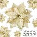 Childom 12 PCS Poinsettia Flower Artificial Poinsettia Christmas Decoration 8.7'' Gold Glitter Poinsettias Christmas Ornaments Xmas Tree Flower Decor with Clips DIY Xmas Wreath Holiday Home Party and 12 PCS 5.9"