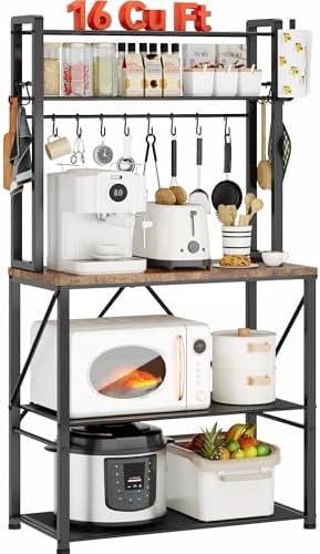 YASONIC Coffee Bar, Bakers Rack with Storage, 25.6 Inches Microwave Stand, 5 Tier Kitchen Shelves Appliance Storage, 12 S Hooks Large Coffee Station for Spices, Pots and Pans, Rustic Brown